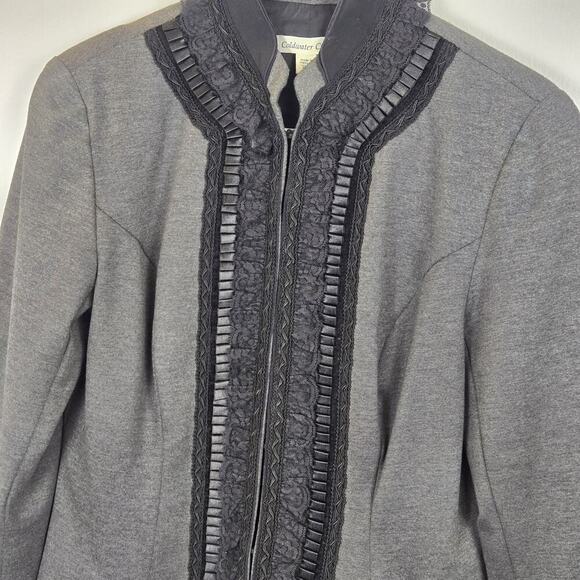 Coldwater Creek Sz 12P Gray Ponte Knit Ruffle Lace Mandarin Collar Jacket Women - Picture 2 of 10